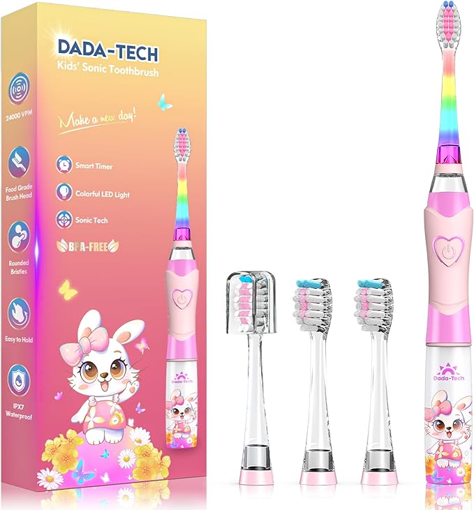 Kids Electric Toothbrush Toddler Toothbrush Age 2-4-8-12 Girls Electric Toothbrush with Timer Rainbow LED Light Up Vibrating Toothbrush Battery Operated Childrens Sonic Tooth Brush (Rabbit Pink)