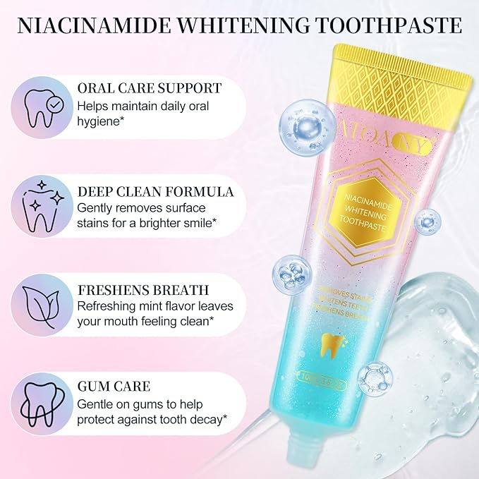 Niacinamide Whitening Toothpaste – Intensive Triple Whitening Toothpaste for Deep Stain Removal, Fresh Breath, Natural Mint & Peach Flavor, Gentle Formula Improves Gum Health, 3.5oz