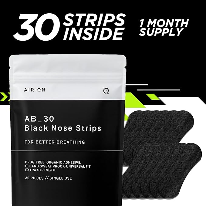 AIR-ON Performance Nose Strips | Nasal Strip for Breathing, Less Snoring & Sleeping Relief | Extra Strength, Wide Body | Drug-Free Adhesive, Athletic Support, Sweat & Oil Proof - Black (30 Pieces)