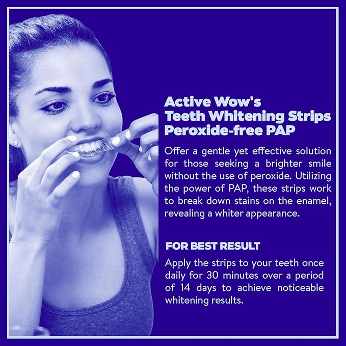 Active Wow 24k White Teeth Whitening Strips - Sensitive Teeth Whitening Strips, Peroxide Free Formula, Enamel Safe Teeth Whitening, Teeth Whitening Stain Remover - 7-Day Kit, 14 Whitener Strips