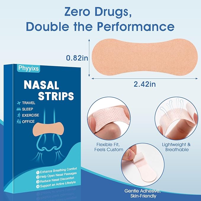 70 Pcs Nasal Strips，Extra Strength, Sweat-Proof Adhesive Performance Nose Strips for Breathing, Snoring, Sleeping, and Sports(Universal Fit Men/Women，Natural Color)