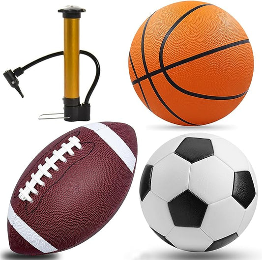 3-Piece Sports Balls Set, Includes Size 5 Basketball, Size 4 Soccer Ball, Size 6 Football & Pump, Sports Equipment Perfect Sports Gift for for Boys, Girls, Teens, and Adults
