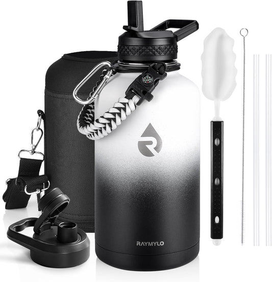 Insulated Water Bottle 64 oz, Triple Wall Vacuum Stainless Steel (Cold for 48 Hrs), Leak Proof & Non-BPA, Half Gallon Water Flask Jug with Paracord Handle & Straw Spout Lids, White/Black