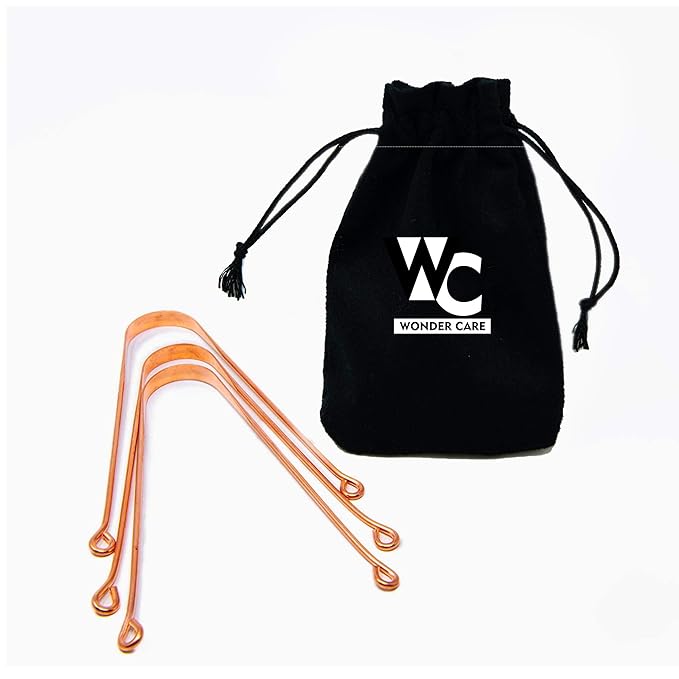 Wonder Care - 100% Copper Tongue Scraper Tongue Cleaner Ayurvedic for Optimal Oral Hygiene (3 Pieces with Bag)