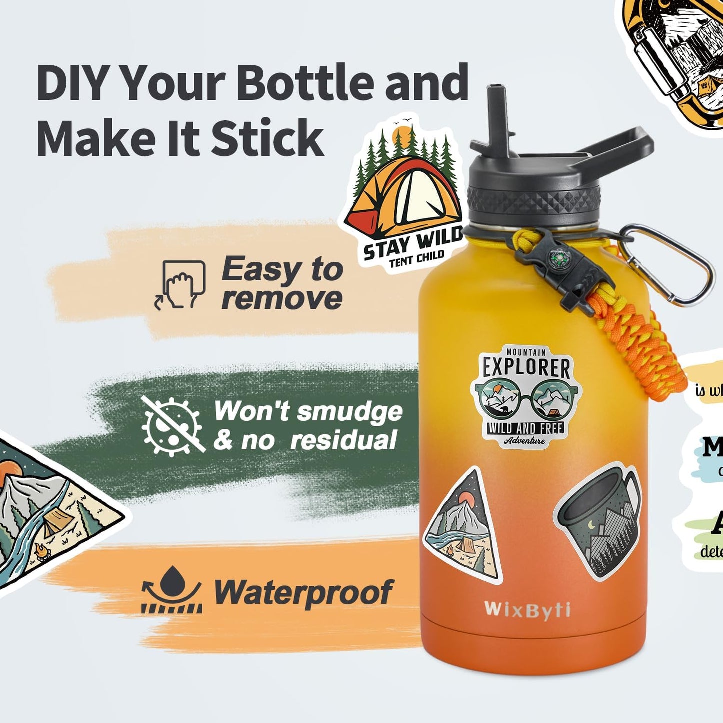 64 oz Insulated Water Bottle with Straw (Cold for 48 Hrs), Half Gallon Stainless Steel Triple Wall Vacuum Sports Water Jug, Leakproof Hydro Cup Flask with Straw Spout Lids & DIY Stickers