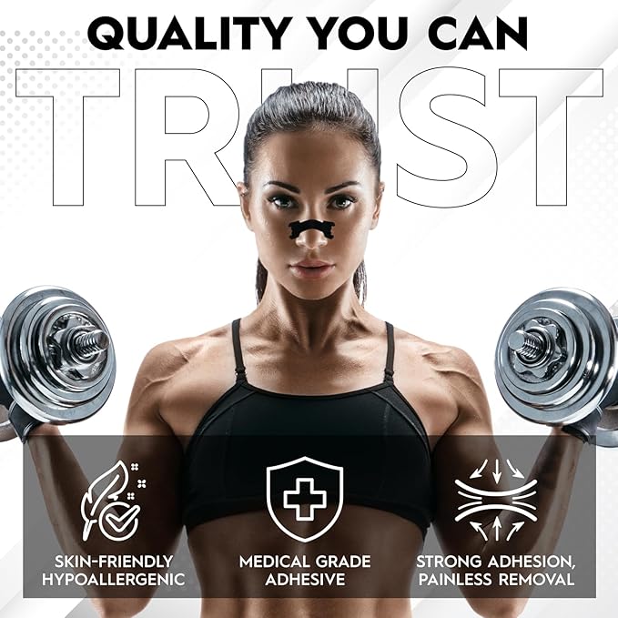 Performance Nose Strips for Breathing (90 Count) - Oil & Sweat Proof Adhesive - Athletic Nasal Strips for Snoring & Sleeping - Black, Extra Strength, Wide Body, Universal Fit