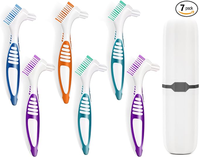 6 Pcs Denture Brush Set for False Teeth with White Carrying Case, Denture Toothbrushes with Double Sided Design, Dental Brush with Multi-Layered Soft Bristles and Rubber Anti-Slip Handle, 4 Colors