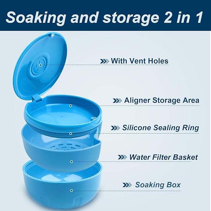 Retainer Cleaner Case,Double Layer No-Leak Denture Cup for Soaking Dentures, Denture Bath for Aligner,Retainers,Mouth Guard,Night Guard Solid Color (Blue)