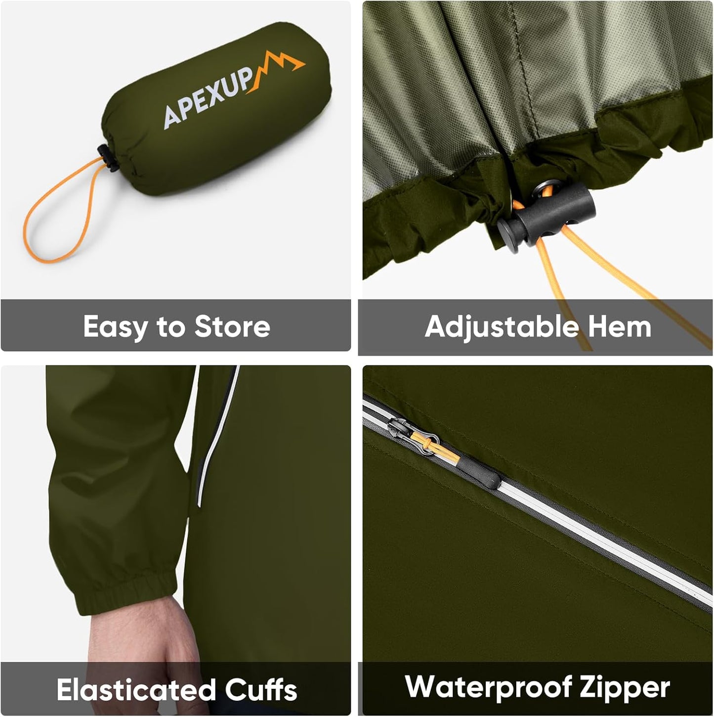 APEXUP Packable Rain Jacket Men with Reflective Zipper, Lightweight Waterproof Raincoat, Mens Rain Jacket for Outdoor Sports