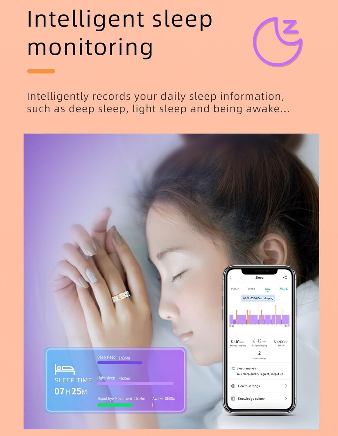 Ladies Smart Ring for Women Health Ring Blood Pressure Heart Rate Monitor Sleep Tracker Fitness Tracker Calories Step Counter Pedometer Gesture Control Waterproof Compatible with iOS Android Phones