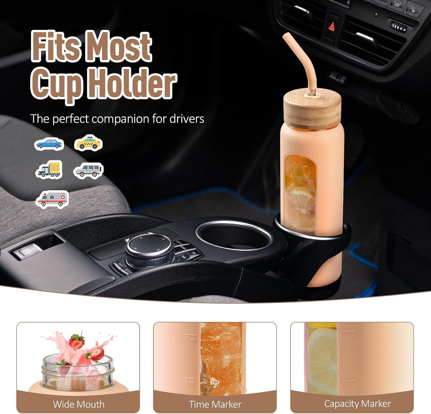 Kodrine Water Bottle with Straw, 24 oz Glass water Bottle with 2 Lids Bamboo Straw Lid and Spout Lid with Handle, 32 oz Clear Water Bottle Glass for Sports Travel, Waterbottle with Time Marker