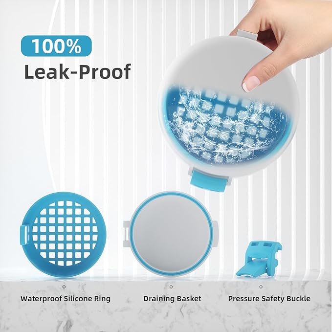 BVN Leak-Proof Denture Bath Cup for Travel, Denture Cup for Soak Dentures, Retainer Cleaning Case with Strainer (White + Blue)
