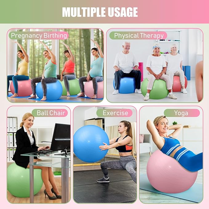 Leyndo 4 Pcs 26 Inch Yoga Exercise Ball Pilates Pregnancy Birthing Fitness Ball with Quick Pump Anti Burst for Improved Posture, Balance, Yoga, Pilates, Training