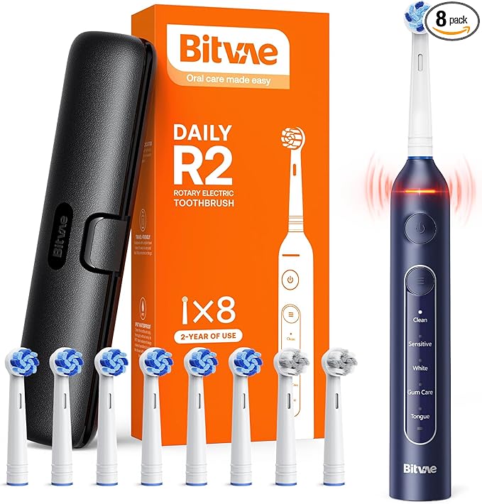 Bitvae R2 Rotating Travel Electric Toothbrush, 8 Professional Brush Heads, Carrying Case, 5 Teeth Care Modes, Pressure Alerts to Prevent Gum Injury, Long Duration