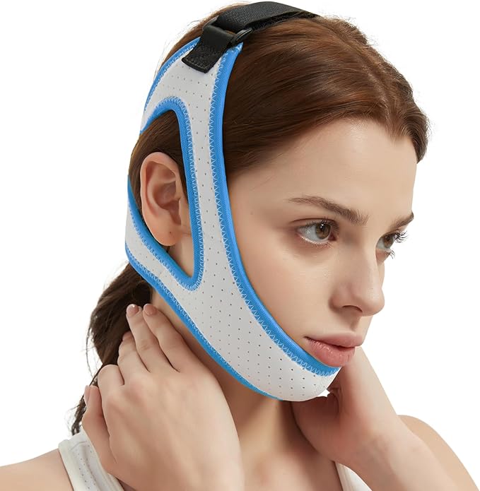 Adjustable Anti Snoring Chin Strap for CPAP Users - Breathable Snore Stopping Device Face Mask Bandage Keeping Mouth Closed - Chin Strap for Snoring for Men and Women (Blue)