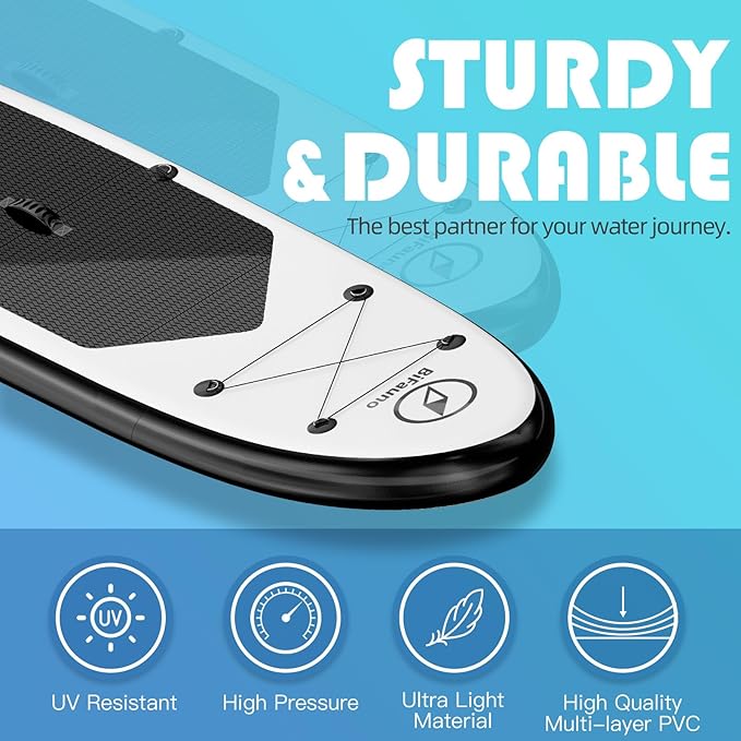 Inflatable Stand Up Paddle Board with SUP Accessories & Backpack. Paddle Boards for Adults. Non-Slip Deck, Wide Stance, Bottom Fin, Double Action Pump.