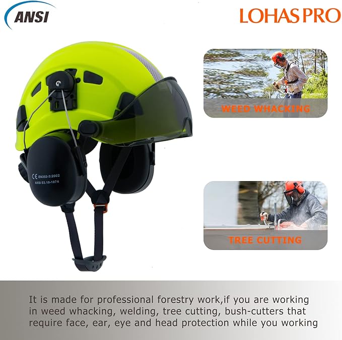 LOHASPRO Arborist Forestry Helmet Safety Hard Hat with Visor and Ear Muffs for Tree Service Logging Cutting Wood Chainsaw Helmet Garden Work Trimming Mowing(P91 Lime+Smoked Visor+Earmuff)