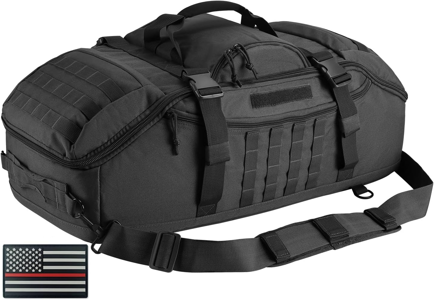 65L Large Duffle Bag, 3-in-1 Tactical Backpack MOLLE Pack for Workout, Sports, Gym, Outdoor, Black Red Patch