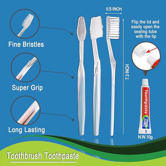 100 pcs Disposable Toothbrushes with Toothpaste, 2 Color Toothbrushes and Toothpaste 10g, Bulk for Homeless, Airbnb, Hotel