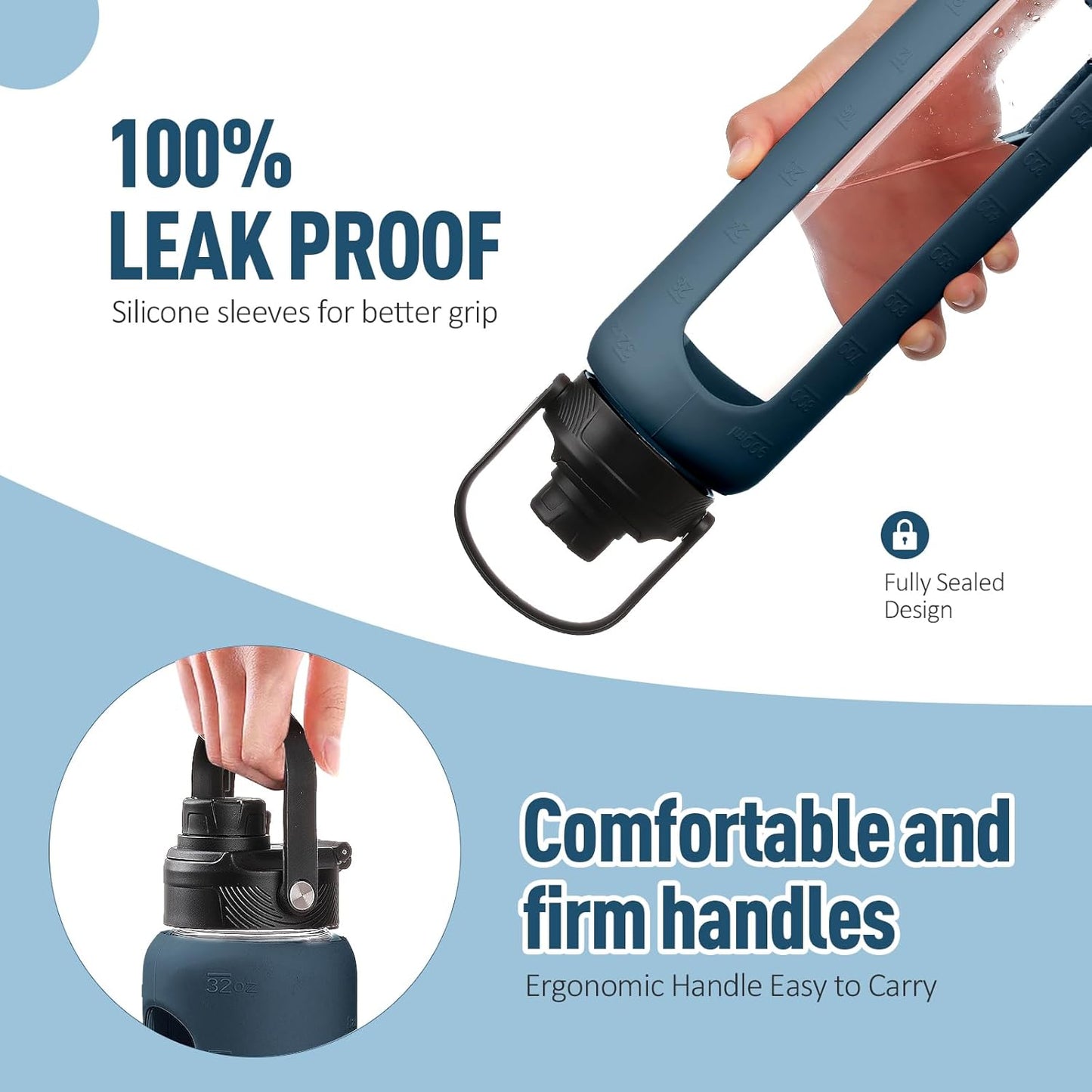 Kodrine Water Bottle with Straw, 24 oz Glass water Bottle with 2 Lids Bamboo Straw Lid and Spout Lid with Handle, 32 oz Clear Water Bottle Glass for Sports Travel, Waterbottle with Time Marker