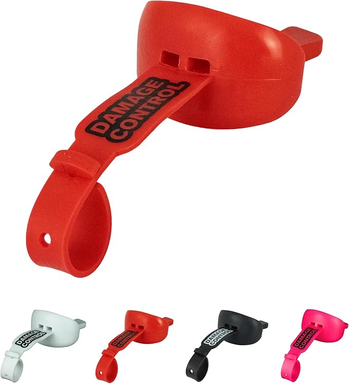 DAMAGE CONTROL Mouthguard with Permanent Helmet Strap, Youth Mouth Guard to Protect Lips & Teeth, No Boiling Pacifier, Breathable Binky Mouthpiece, Football Mouthpiece, Works with Braces (Red)