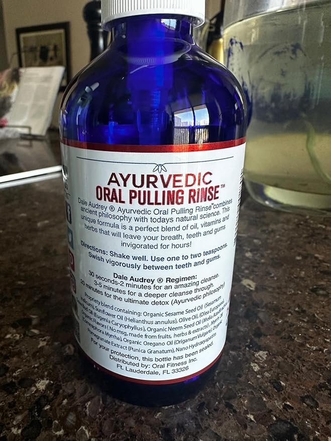 Dale Audrey Ayurvedic Oil Pulling for Teeth and Gums | Organic Cinnamon Flavored Oral Rinse Mouthwash | Natural Essential Oils | Cobalt Glass Bottle Pump for Teeth Whitening and Fresh Breath-8 FL Oz