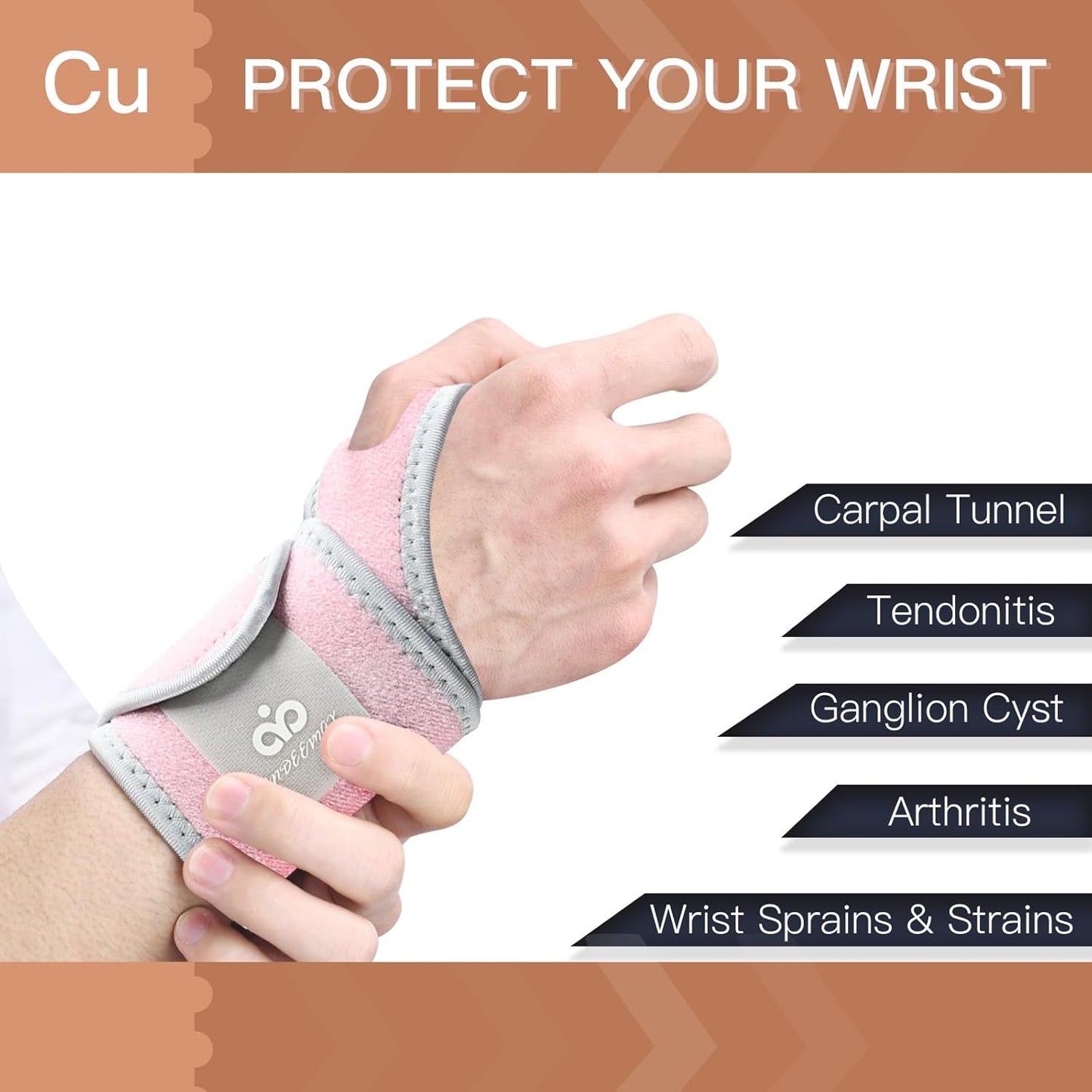 INDEEMAX 2 Pack Copper Wrist Brace Support for Carpal Tunnel, Pain Relief, Arthritis, Tendonitis, Adjustable Wrist Braces Compression Wraps Both Hands, Fit for Men and Women, Pink