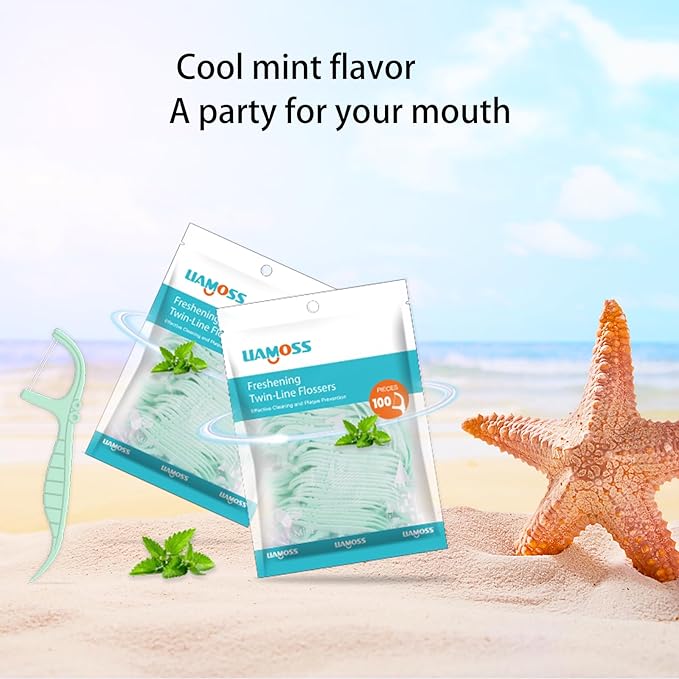 Mint Flavor 400 Count Dental Flossers,LIAMOSS Double Thread Floss Picks Thorough Cleans Teeth in One Minute,Glides Well Between Tight Teeth,Encourage Flossing Habits(Mint,4 Pack)