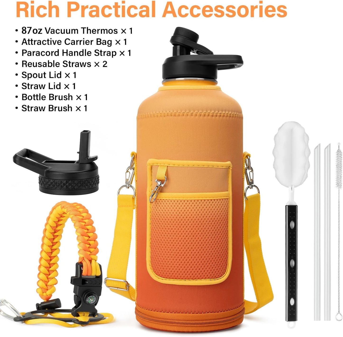 Insulated Water Bottle | Thickened Stainless Steel for Gym and Hiking with Straw, Carrier Bag, Handle Strap | BPA-Free 87 oz