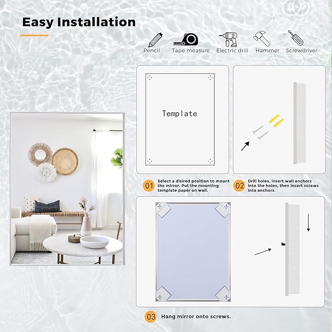 27x36 Inch Nickel Bathroom Mirror for Wall, Aluminum Frame Rectangle Rectangular Vanity Mirror, Modern Large for Bedroom, Living Room, Horizontal or Vertical