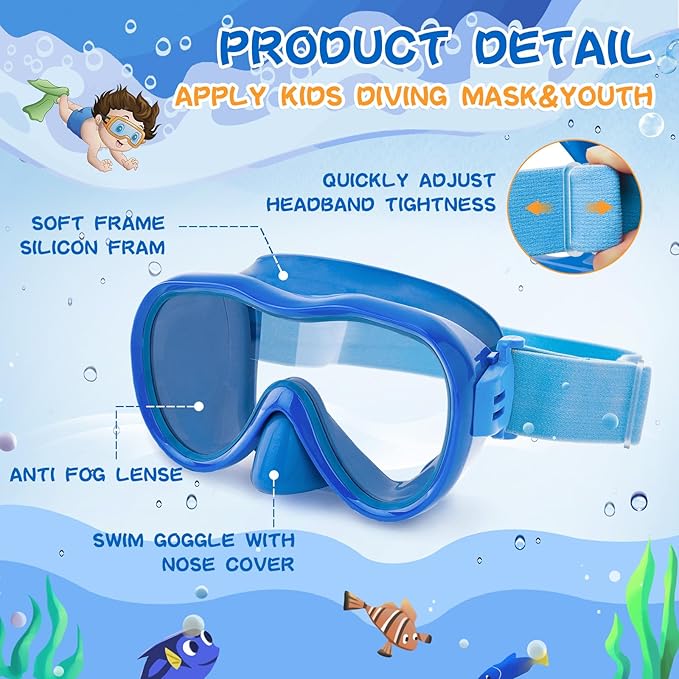 Kids Swim Goggles 180° Snorkel Diving Mask with Nose Cover, Anti-Fog Kids Swimming Goggles with Elastic Fabric Strap for Kids Boys Girls