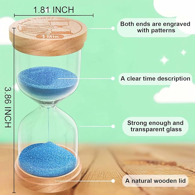 1 Minute Sand Timer, Wooden Hourglass Sand Clock, Small Beech Wood Blue 1 Min Hour Glass, One Minutes Sandglass for Brushing Teeth, Reloj De Arena, Classroom, Game, Kitchen, Home, Office