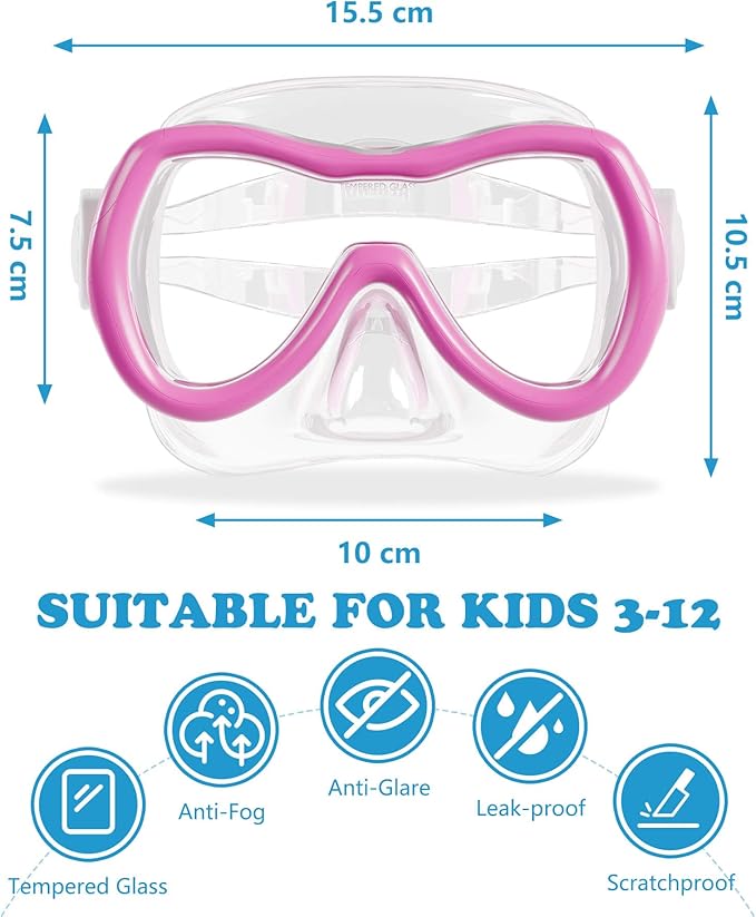 Aegend Kids Swim Mask Goggles, Tempered Glass 180° HD Wide View with Nose Cover