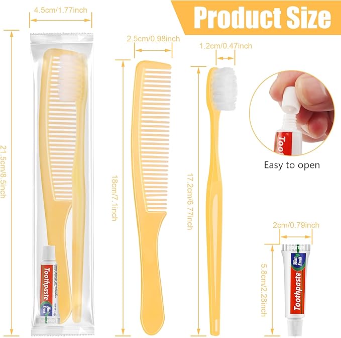NICEMOVIC 120 Pack Disposable Toothbrushes Bulk with Toothpaste and Comb Travel Size Toothpaste Set Homeless Care Package Supplies Bulk for Individually Wrapped Disposable Travel Hotel Charity, Yellow