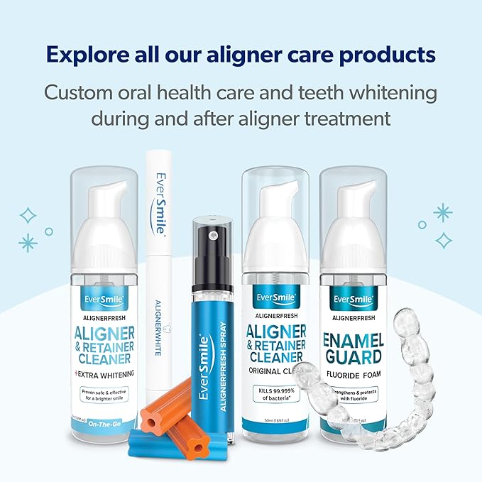 EverSmile AlignerFresh Extra Whitening Foam – Cleaner Compatible w/Invisalign and All Clear Aligners and Retainers – Eliminates Bacteria, Whitens Teeth, Fights Bad Breath – 50ml (4 Pack)