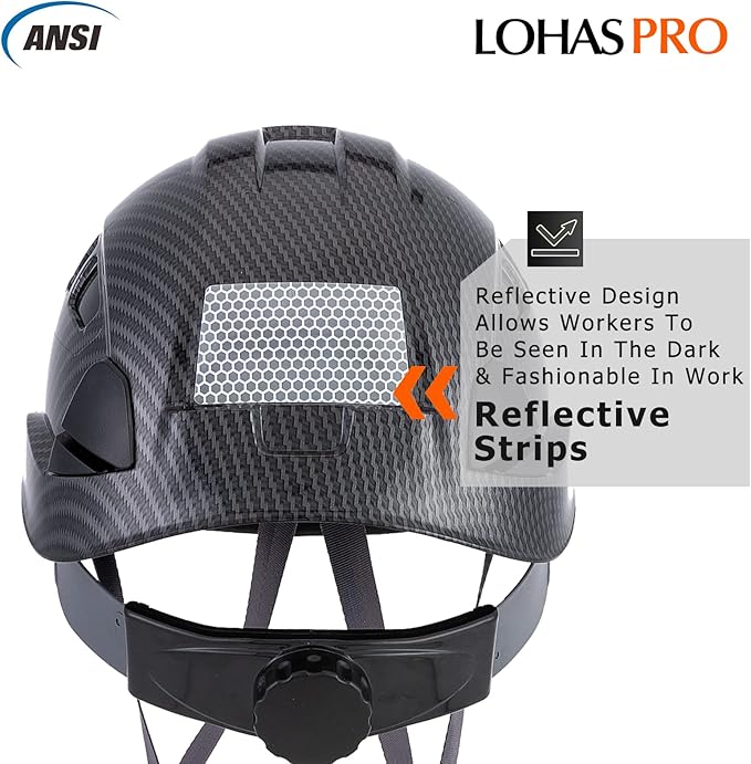 LOHASPRO Hard Hats Construction Safety Helmet with Visor ANSI Z89.1 Approved OSHA Hardhat, Vented Carbon Fiber Hard Hat with Chin Strap Tree Helmet(Black Graphite Pattern with Clear Visor)