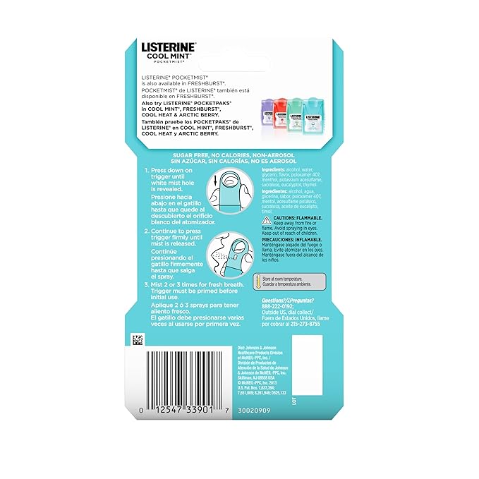 Listerine Cool Mint Pocketmist, Oral Care Mist for Fresh Breath, Non-Aerosol Sugar-Free Bad Breath Refresher Spray to Kill 99% of Bad Breath Germs, Portable, Cool Mint Flavor, 2 Sprays