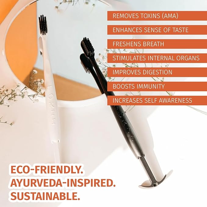 TOKII Tongue Scraper Cleaner Charcoal Bristles Toothbrush for Bad Breath with Waterproof Pouch for Travel, Hygienic Stand and Enviromentally Friendly (Black, Pack of 2)