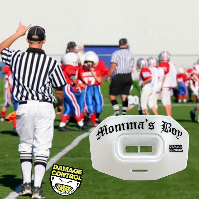 DAMAGE CONTROL Youth Football Mouth Guard – Breathable No Boil Mouthpiece, Protects Lips & Teeth, Works with Braces, Includes Helmet Strap – Sports Gear & Accessories (Momma's Boy)