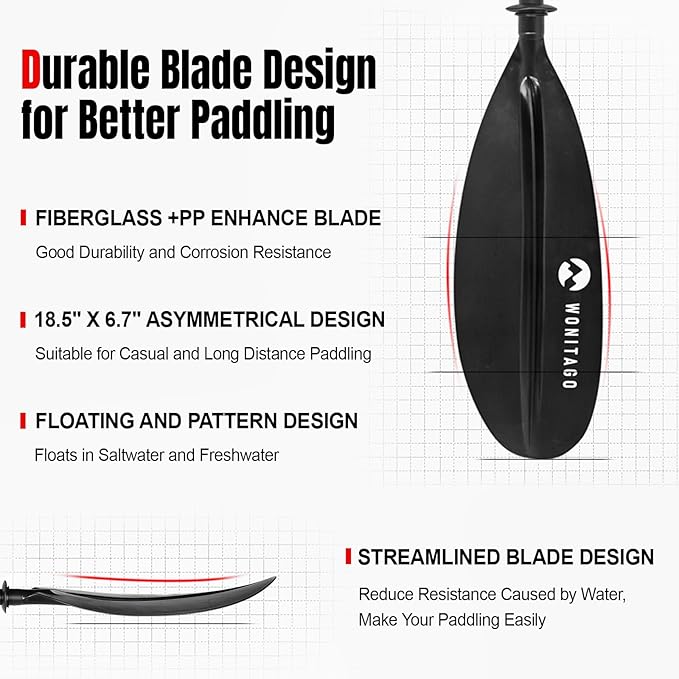 Kayak Paddles with Fiberglass Shaft and Reinforced PP Blade, Floating Adjustable Kayaking Oars, 3 Piece, 220-240 cm/86-94 Inches, 240-260 cm/94-102 Inches