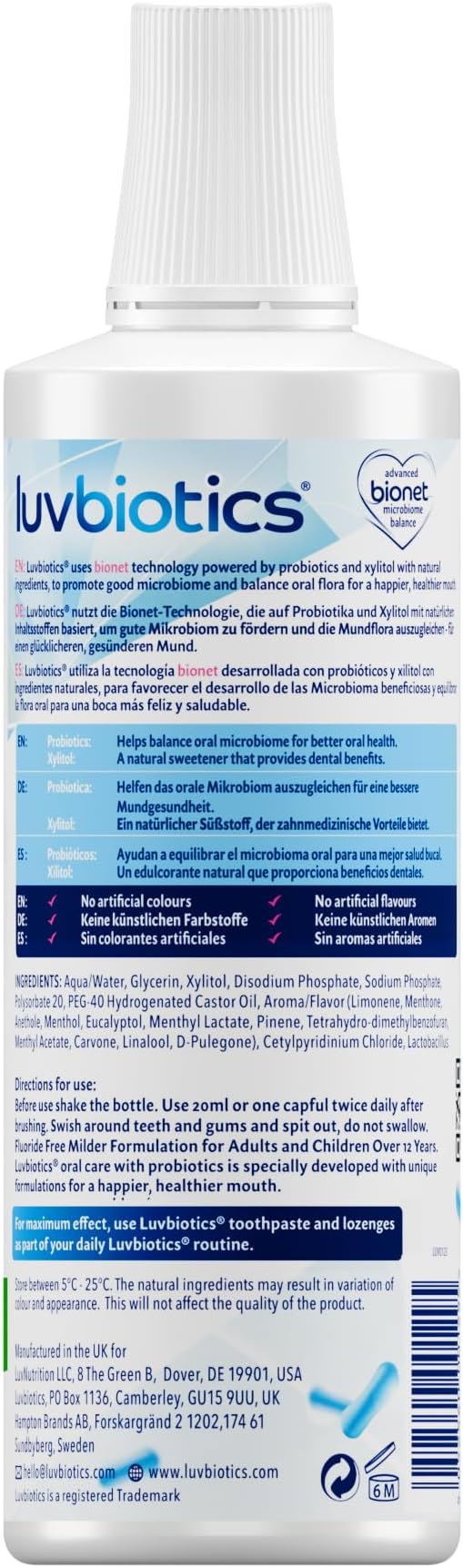 Luv Biotics Fluoride Free Mouthwash with Oral Probiotics, Xylitol & Aloe Vera -3 x 500ml