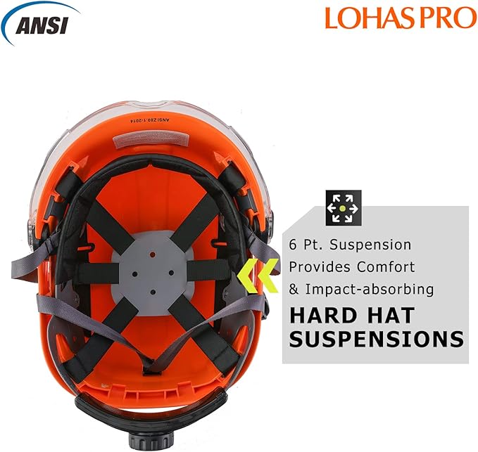 LOHASPRO Hard Hats Construction Safety Helmet with Visor ANSI Z89.1 Approved OSHA Hardhat, Vented Men Work Hard Hat with Chin Strap Tree Climbing Arborist Helmet (P4 Orange+Clear Visor)