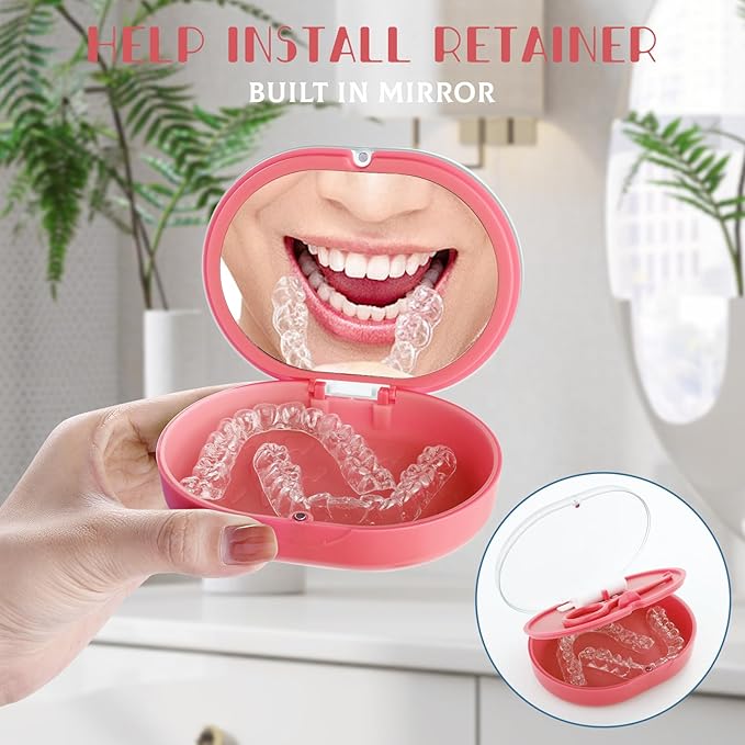 Double Layer Retainer Case Portable Aligner Case for Orthodontics Build In Mirror With Removal Tool,Chewies&Cleaning Brush Kit