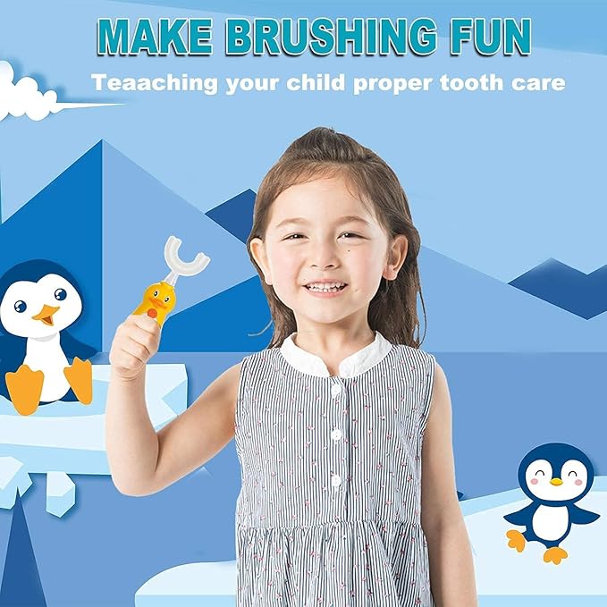 Kids U-Shaped Electric Toothbrush, Automatic Massage Toothbrush with U-Type, Cartoon Modeling Toothbrush with Three Types of Brush Heads,Battery Operated,Small for 2-6 Years,Yellow,1 Pack