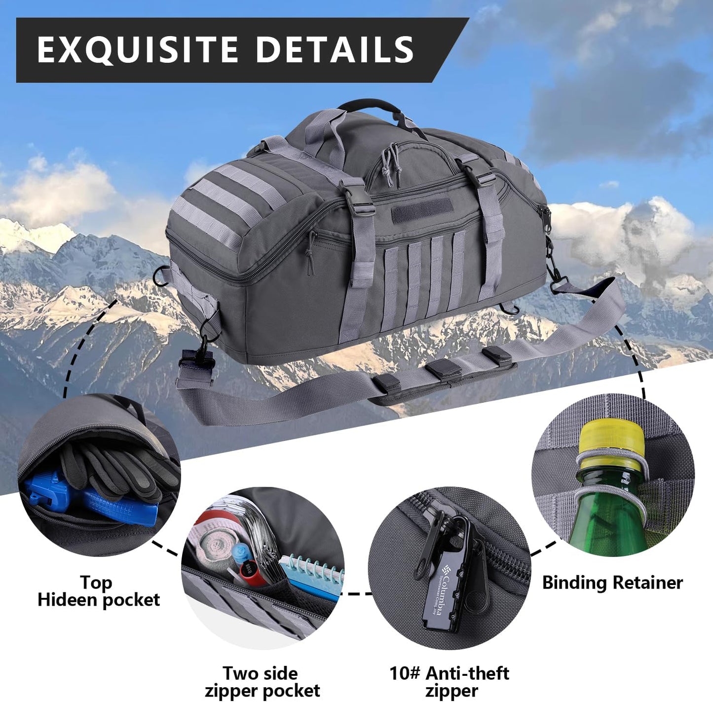 65L Large Duffle Bag, 3-in-1 Tactical Backpack MOLLE Pack for Sports, Gym, Outdoor, Grey