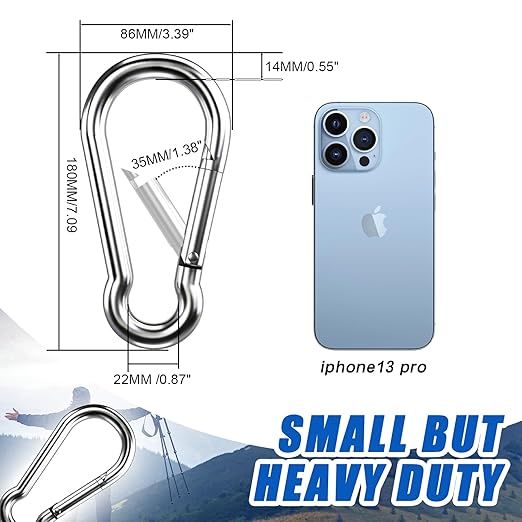 Large Carabiner Clip Hooks, 1pc 7 inch Carabiner Heavy Duty, 304 Stainless Steel Spring Snap Hook Fits Camping Hanging Hiking Weight Lifting, Metal Clips for Rope or Chain