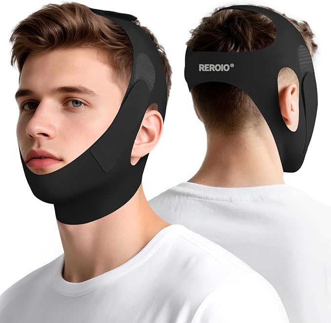 Chin Strap for Sleeping with 4-Side Adjustment, Anti Snoring Chin Strap Elasticity for Adults, Anti Snoring Devices Breathable and Durable, Snore Stopper for CPAP Users, Black, M