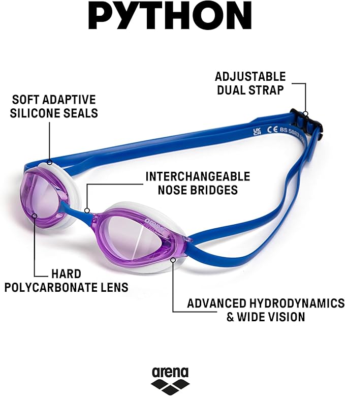 ARENA Unisex Python Racing Swim Goggles for Men and Women Anti-Fog No Leak Max Comfort Dual Strap, Mirror/Non-Mirror Lens