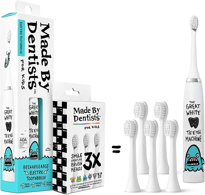 Made by Dentists Kids Electric Toothbrush - Rechargeable Vibrating Toothbrush with Timer, Includes 6 Replacement Heads, Halloween Gifts for Kids, Girls and Boys, Kid & Toddlers Age 2+, Shark