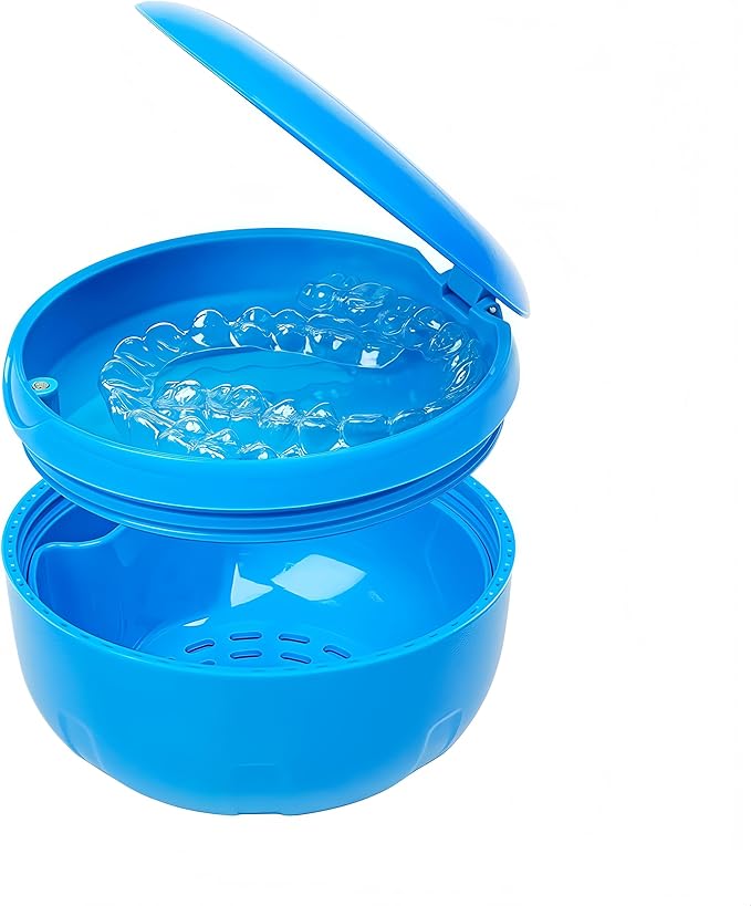 Retainer Cleaner Case,Double Layer No-Leak Denture Cup for Soaking Dentures, Denture Bath for Aligner,Retainers,Mouth Guard,Night Guard Solid Color (Blue)